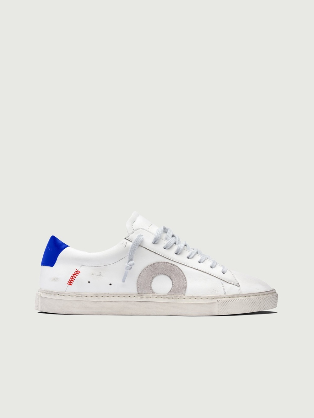 Oliver Cabell White Leather Low-Top Sneaker with Blue Heel